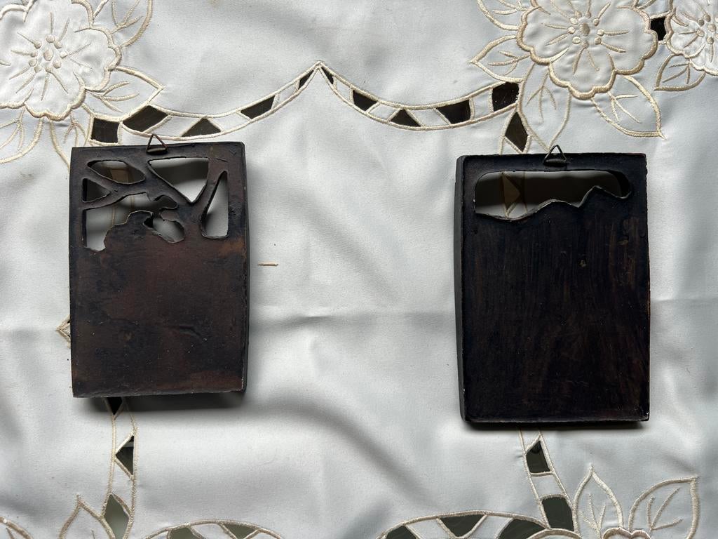 Twee houten wandpanelen met figuren, Groep mensen, Minder dan 20 cm, Ophalen of Verzenden, Handgemaakt