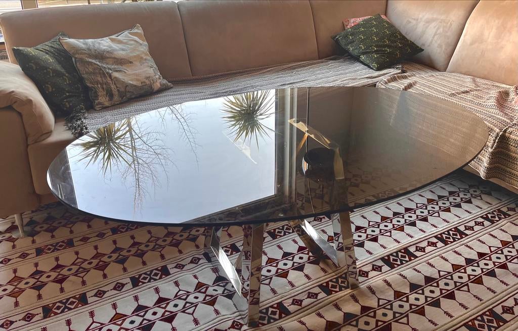 Design Salontafel met Glazen Blad en Chromen Onderstel, Ophalen, 100 tot 150 cm, 50 tot 100 cm, Minder dan 50 cm