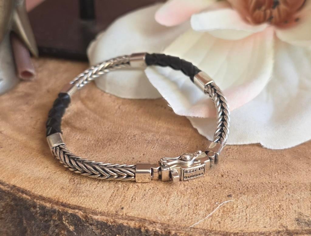 Best to Buddha armband 925Zilver met leer. Maat 19 en 20, Ophalen of Verzenden, Nieuw, Zilver, Leer