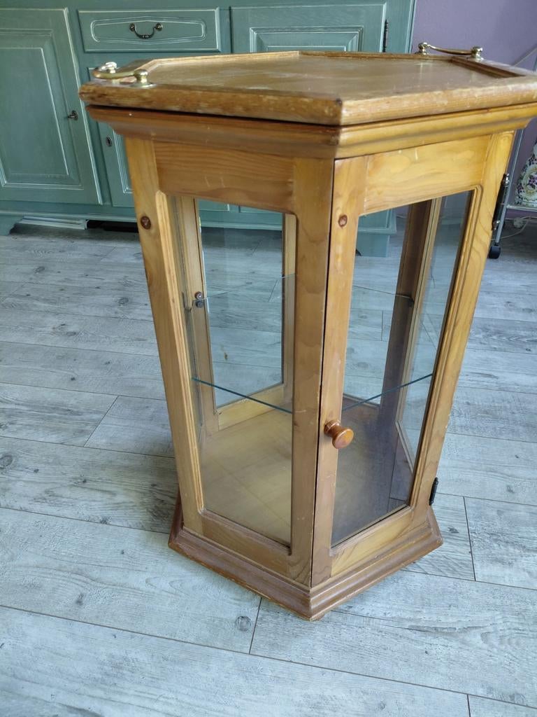 Oud grenen houten vitrinekastje, Ophalen, Gebruikt, Minder dan 100 cm, 25 tot 50 cm