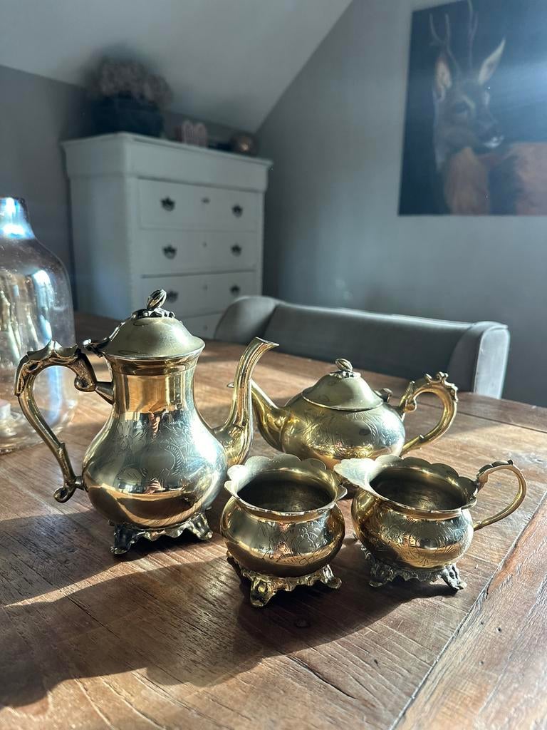 Goudkleurig antiek koffie en thee setje, Ophalen of Verzenden