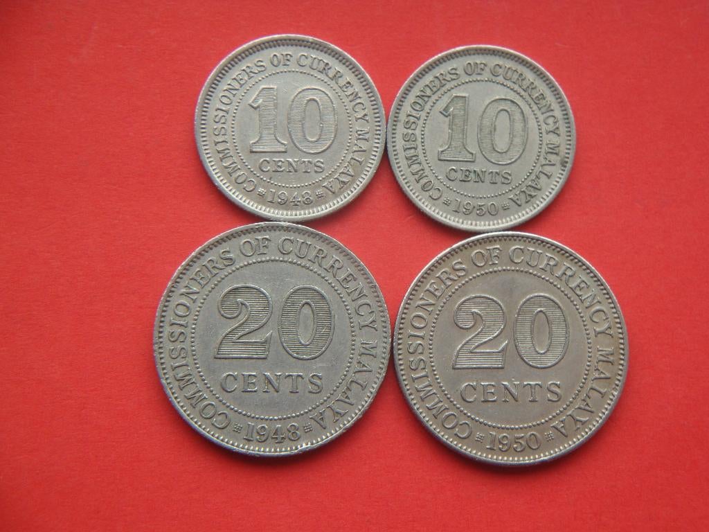 Kavel Malaya setje munten 10 en 20 Centen 1948 / 1950., Postzegels en Munten, Verzenden, Zuidoost-Azië, Setje