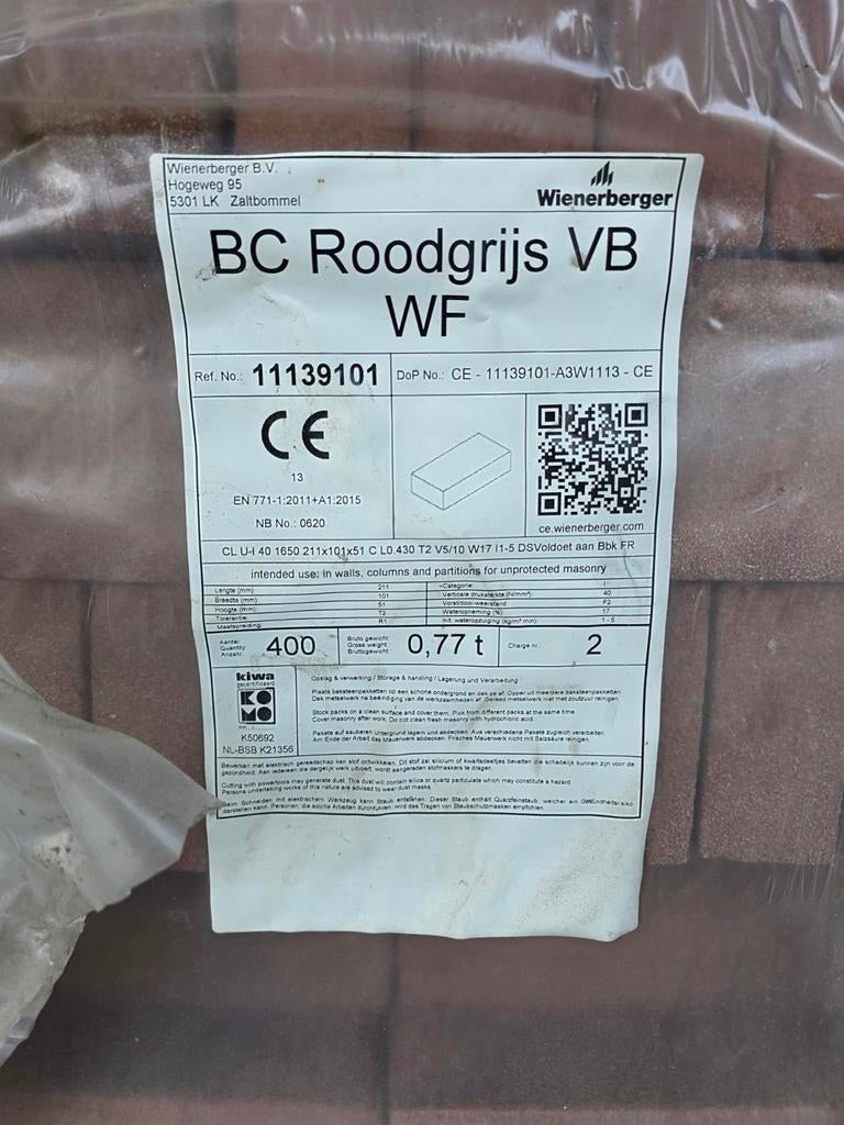 Wienerberger BC Roodgrijs VB WF bakstenen - 481 stuks, Doe-het-zelf en Verbouw, Metselstenen, Ophalen of Verzenden, Nieuw, Bakstenen