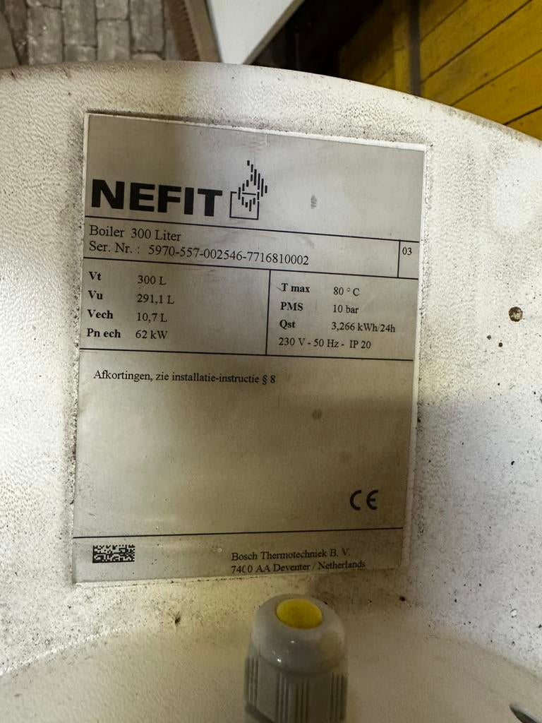 Nefit RVS Boiler 300 Liter met Warmtewisselaar (62 kW), Doe-het-zelf en Verbouw, 100 liter of meer, Ophalen of Verzenden, Boiler