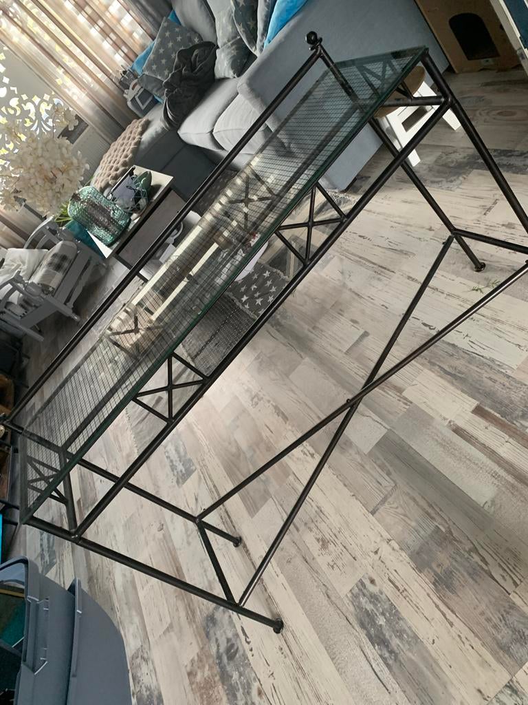 Vintage sidetable metaal en glas, Huis en Inrichting, Tafels | Sidetables, Ophalen, Gebruikt, 100 tot 150 cm, Metaal