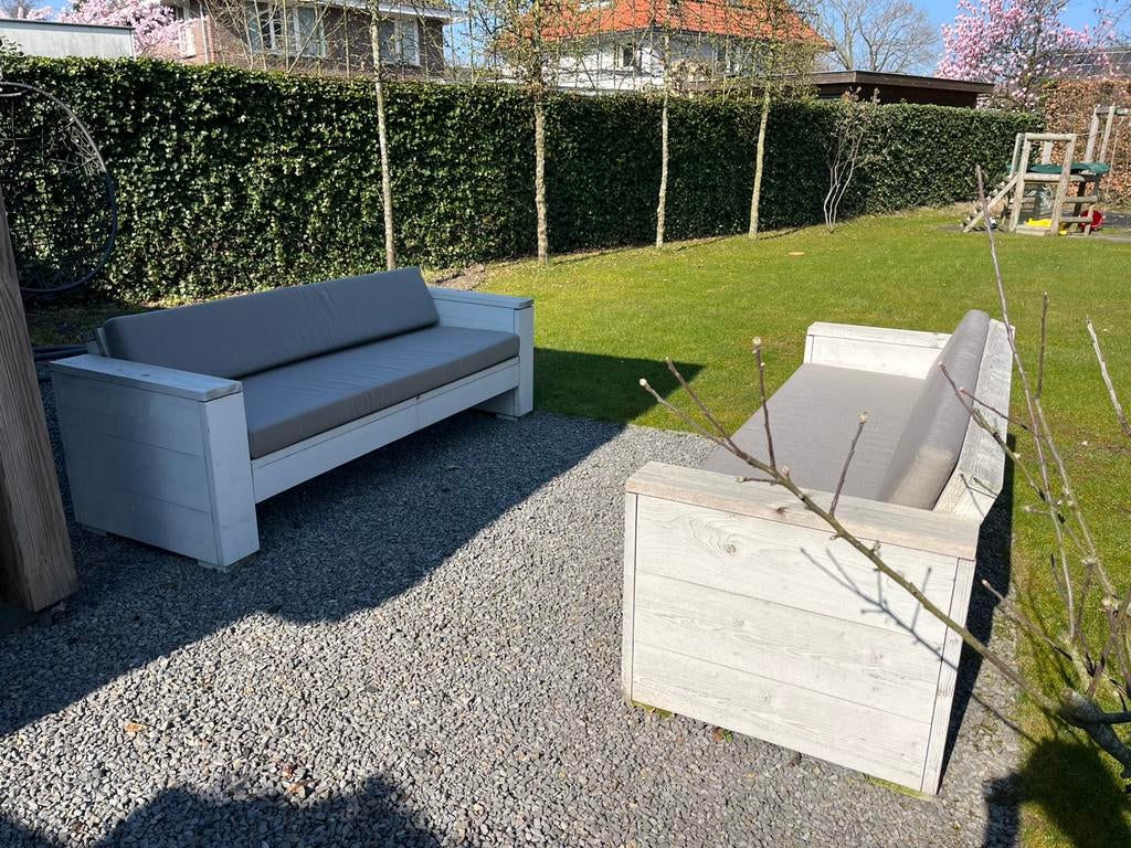 Houten tuinset bank met kussens, Ophalen, Gebruikt, 6 zitplaatsen, Hout