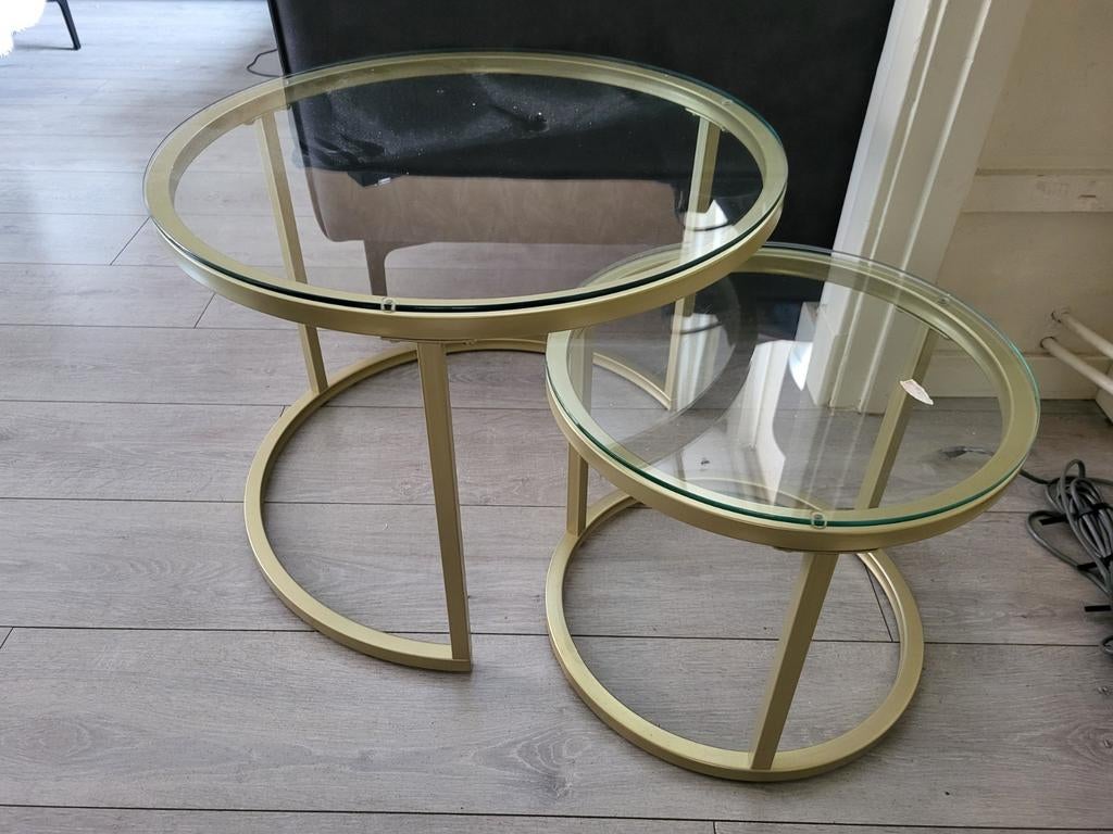 Salontafel set brons / glas, 4 krukken, Ophalen, Zo goed als nieuw, 60 tot 90 cm