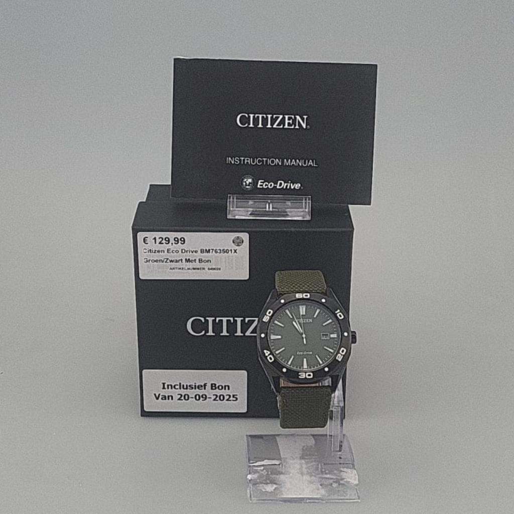 Citizen Eco Drive BM763501X Groen/Zwart Met Bon, Citizen, Zo goed als nieuw, Support@citizen.com, Citizen Watch Co., Ltd. 1-12-32 Takeda, Fushimi-ku, 
Kyoto 612-8501
Japan