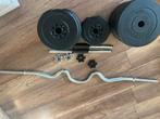 Gewichten + halterstang te koop, Sport en Fitness, Fitnessmaterialen, Ophalen, Zo goed als nieuw, Benen, Halterstangen