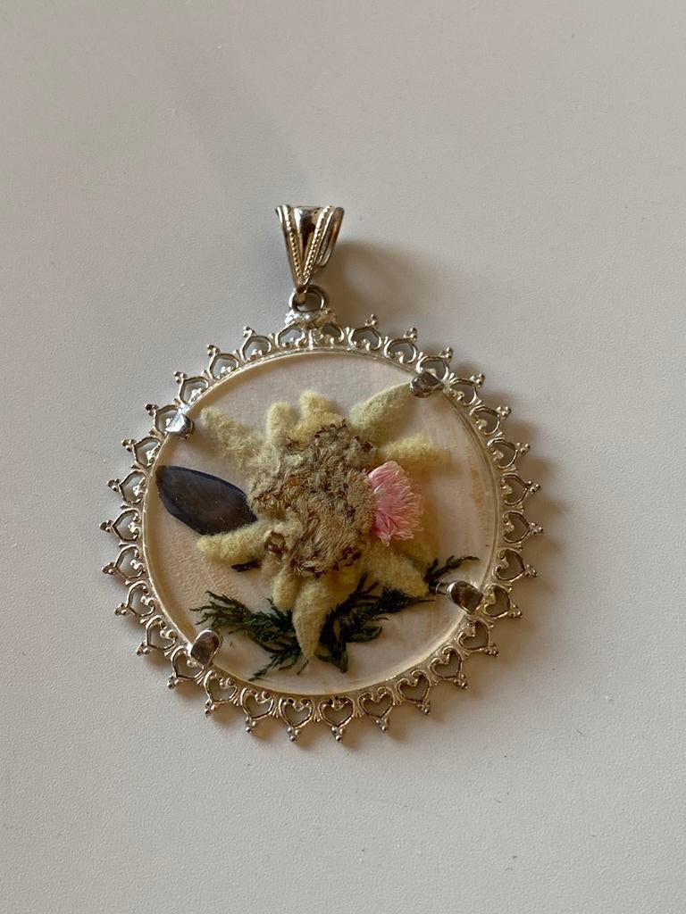 Vintage 800 zilveren hanger met edelweiss, Ophalen of Verzenden, Zo goed als nieuw, Bloem of Plant, Zilver