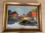 Schilderij olieverf op paneel landschap boerderij water, Ophalen of Verzenden