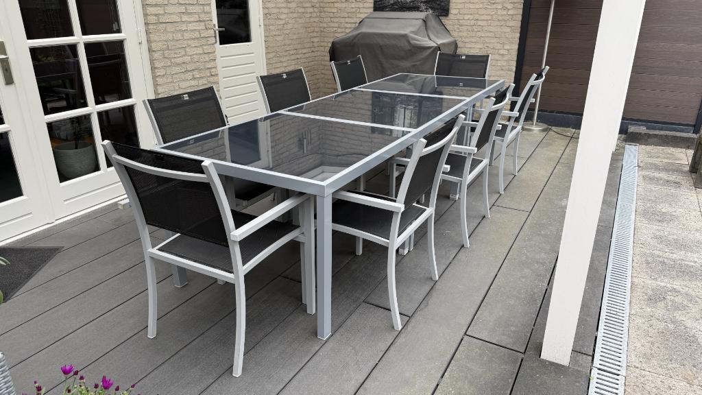 Tuintafels en stoelen set, Tuin en Terras, Tuinsets en Loungesets, Ophalen, Gebruikt, Aluminium, 8 zitplaatsen