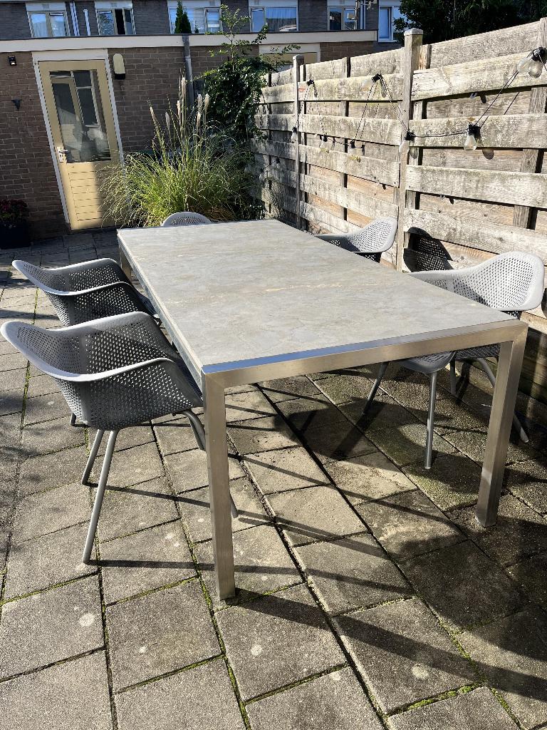 Tuintafel met RVS frame en HARDSTENEN blad., Tuin en Terras, Tuintafels, Ophalen, Gebruikt, Rechthoekig, Rvs