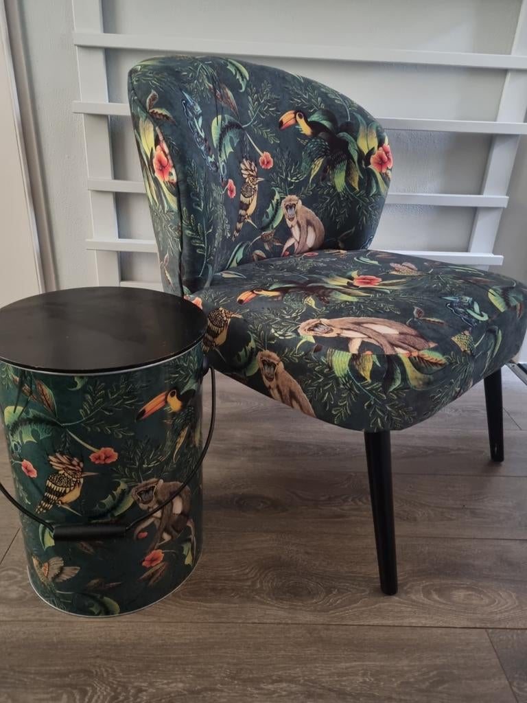 Leuke fauteuil en opbergemmer in zelfde junglemotief, Ophalen, 50 tot 75 cm