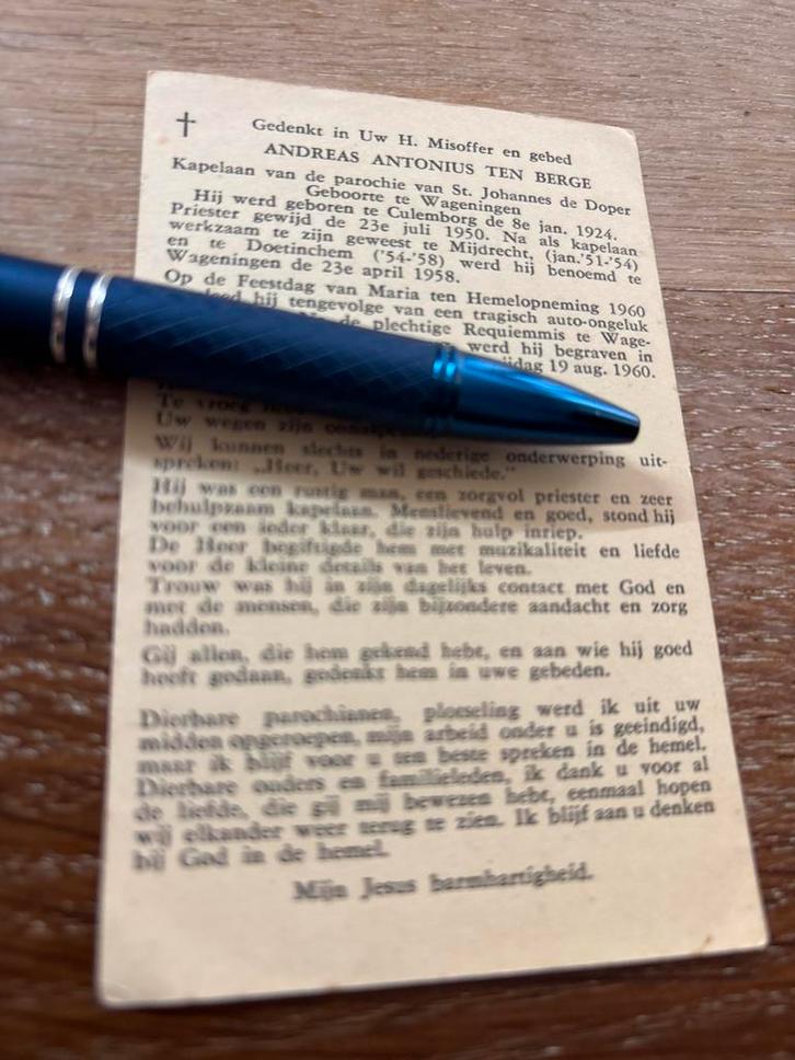 Berge ten Andreas 1924 Culemborg 1960 Zevenaar priester, Verzamelen, Bidprentjes en Rouwkaarten, Bidprentje, Ophalen of Verzenden