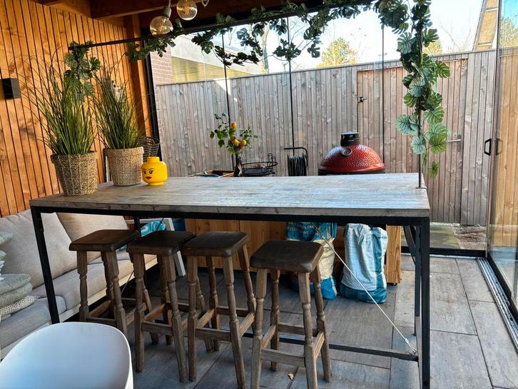 Bartafel met krukken, Tuin en Terras, Tuintafels, Gebruikt, Rechthoekig, Hout, Ophalen