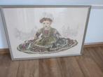 Geborduurd schilderij op fijn kaaslinnen met antieke pop, Gebruikt, Ophalen of Verzenden, Schilderij, 50 tot 75 cm