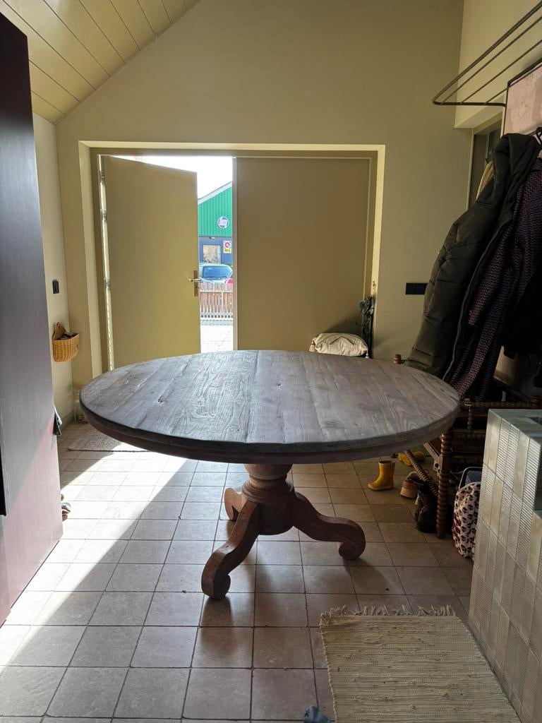 Ronde tafel - 150 cm - massief teakhout- kloostertafel, Ophalen, 100 tot 150 cm, Zo goed als nieuw, Teakhout