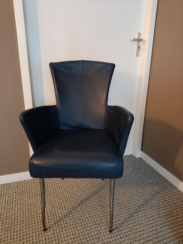 Stijlvolle leren fauteuil – donkerblauw – RVS frame, Ophalen of Verzenden