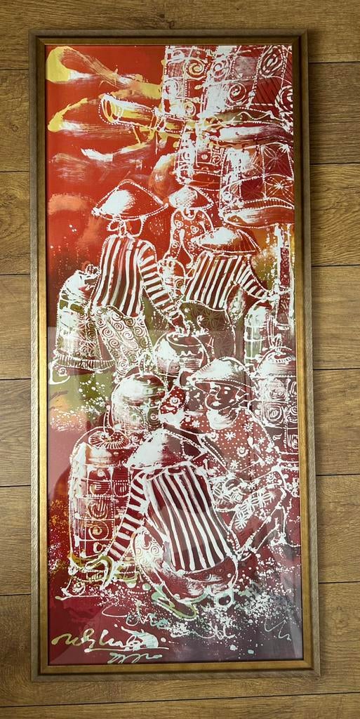 Batik schilderij op zijde in fraaie lijst, Huis en Inrichting, Woonaccessoires | Schilderijen, Tekeningen en Foto's, Zo goed als nieuw