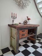 Antieke/brocante industriële werkbank, Huis en Inrichting, Tafels | Sidetables, Ophalen, Gebruikt, Rechthoekig