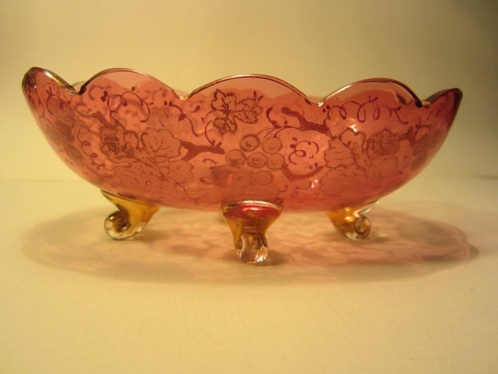 Antiek glazen bonbon schaaltje emaille design druiven, Verzenden