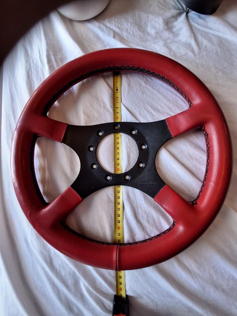 rood lederen sportstuur 35 cm met naaf, Auto-onderdelen, Besturing, Ophalen of Verzenden, Gebruikt