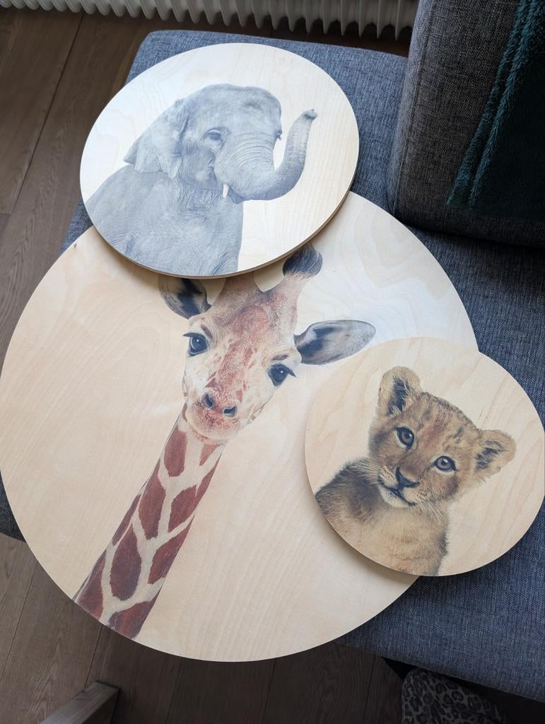 Schilderijen babykamer: olifant, giraf, leeuw (set van 3), Ophalen, Minder dan 50 cm, Zo goed als nieuw, Schilderij