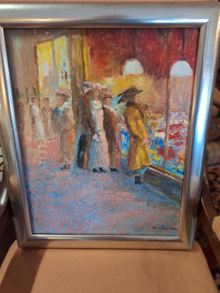 Impressionistisch Schilderij - Stadse Scène voor de winkel, Antiek en Kunst, Kunst | Schilderijen | Klassiek, Ophalen of Verzenden