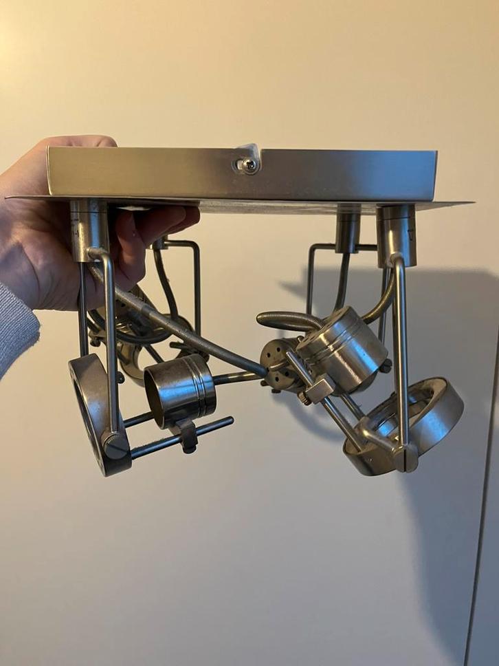 Rvs spots/ lampen: één plaat met 4 spots / en drie enkele, Huis en Inrichting, Lampen | Spots, Gebruikt, Plafondspot of Wandspot