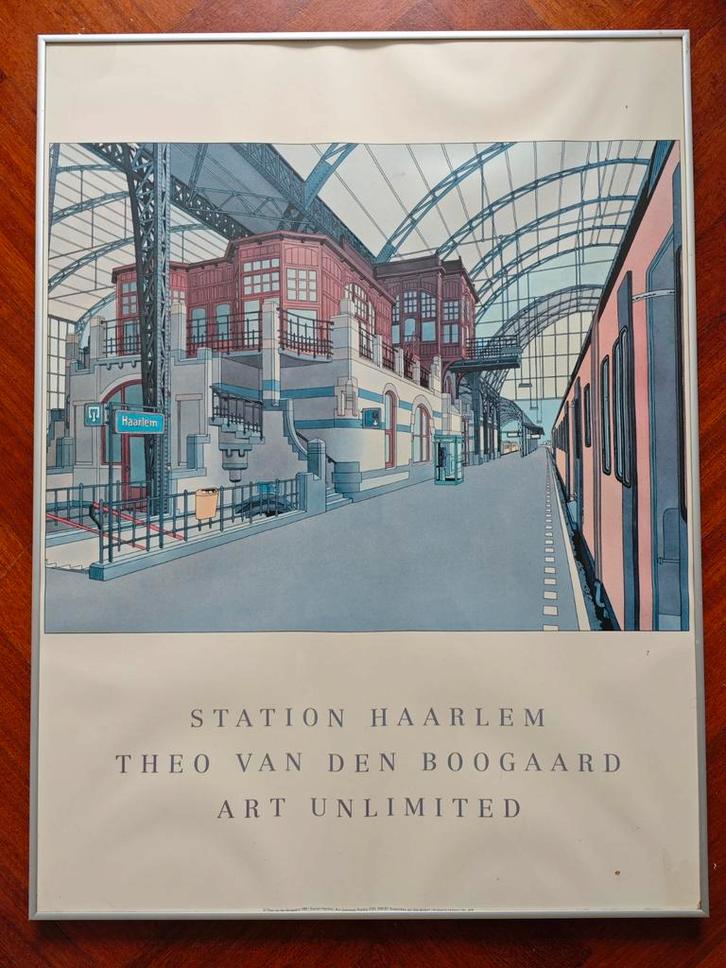 Theo van den Bogaard Haarlem Station poster in lijst, Verzamelen, Posters, Gebruikt, A1 t/m A3, Ophalen