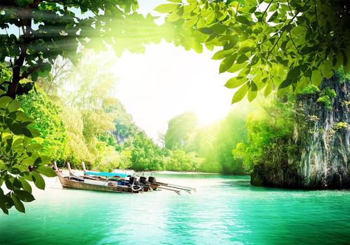 57 Paradijs Natuur Vlies Fotobehang 350x250cm in 3 maten XXL, Huis en Inrichting, Stoffering | Behang, Blauw, Wit, Zwart, Beige