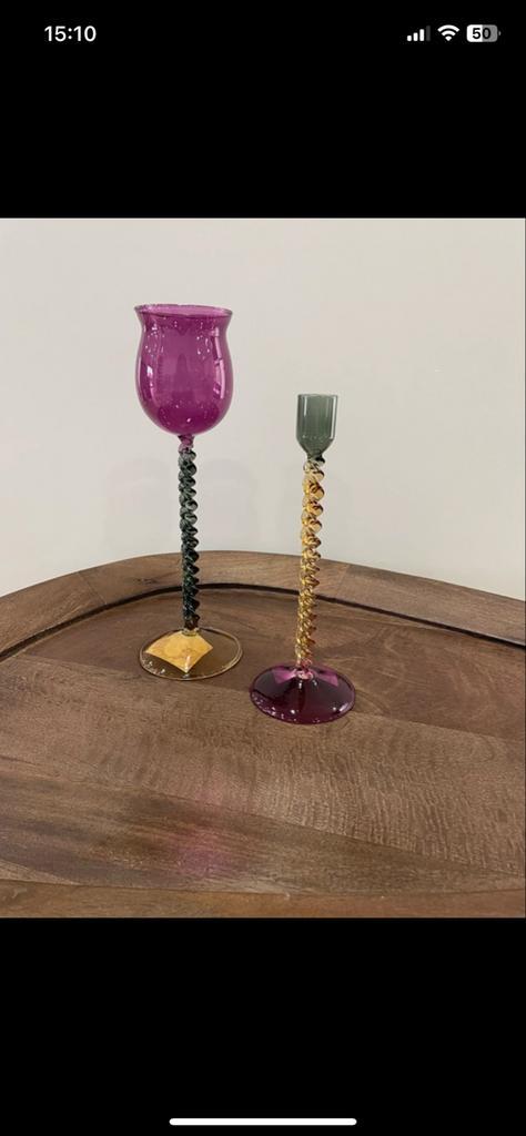 Set Kandelaars Glas Gedraaide Steel, Huis en Inrichting, Woonaccessoires | Kandelaars en Kaarsen, Nieuw, Kandelaar, Minder dan 25 cm