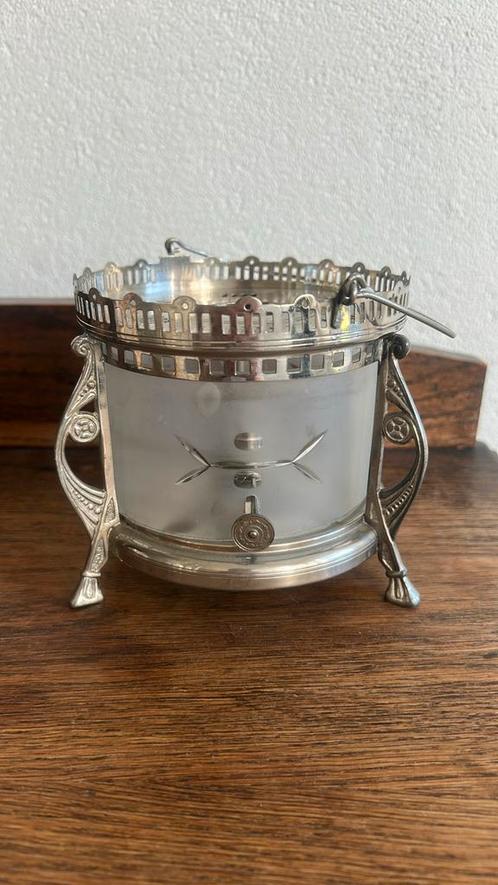 Vintage theelichtje met bewerkt glas, lont, op pootjes, Antiek en Kunst, Curiosa en Brocante, Ophalen of Verzenden