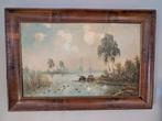 Olieverf Schilderij - Waterlandschap met Boten, Antiek en Kunst, Kunst | Schilderijen | Klassiek, Ophalen of Verzenden