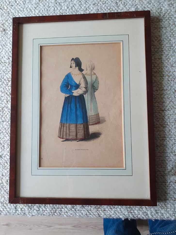 Oude ingelijste prent van vrouwen, Antiek en Kunst, Kunst | Tekeningen en Foto's, Ophalen of Verzenden