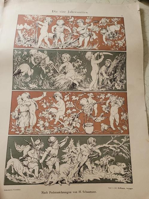 oude prent 4 jaargetijden op dik papier, Verzamelen, Foto's en Prenten, Gebruikt, Prent, Natuur, Voor 1940, Ophalen of Verzenden