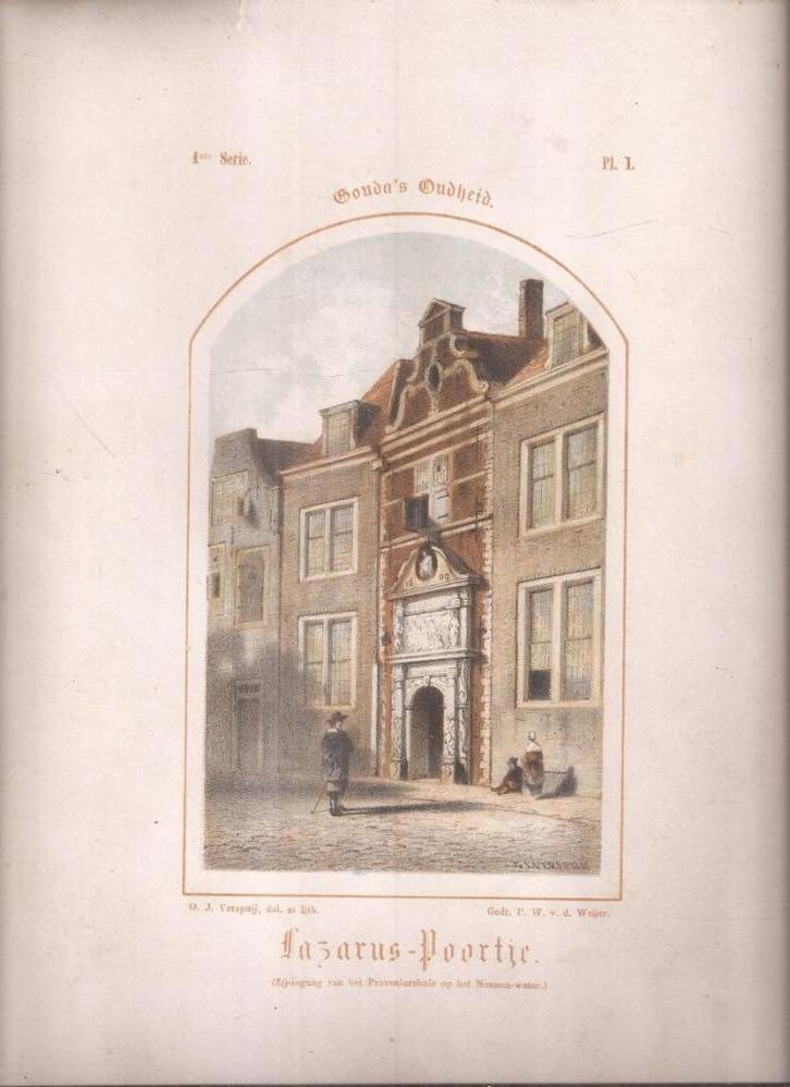 Gouda Lazarus-Poortje Gekleurde Litho G.J. Verspuij 1859, Antiek en Kunst, Kunst | Etsen en Gravures, Ophalen of Verzenden