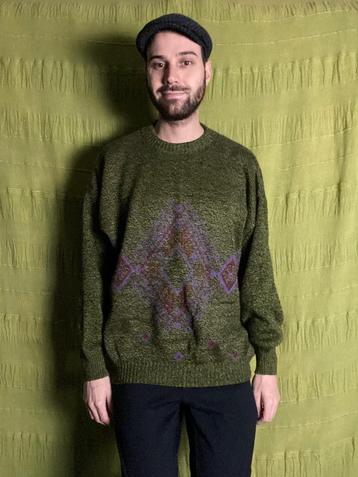 Vintage 90's trui / sweater / print / groen / paars / XXL beschikbaar voor biedingen