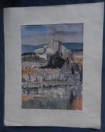 Aquarel Stadsgezicht aan water met tempel op berg J. de Jong, Ophalen of Verzenden