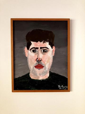 Outsider Art: zelfportret in acryl op canvasboard. beschikbaar voor biedingen