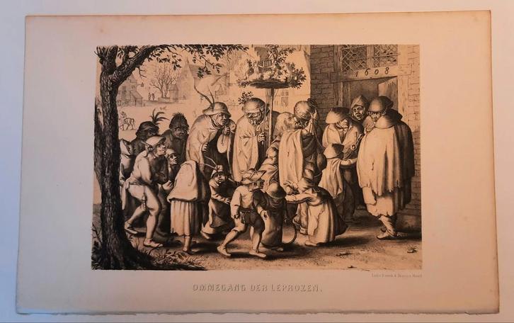 Ommegang der Leprozen - Historische Prent, Antiek en Kunst, Kunst | Etsen en Gravures, Ophalen of Verzenden