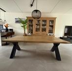 Boomstam tafel massief eiken eettafel 220 x 100, Ophalen, Gebruikt, 200 cm of meer, 50 tot 100 cm
