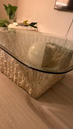 Travertine Salontafel met Glazen Blad, Huis en Inrichting, Tafels | Salontafels, Gebruikt, Glas, Overige vormen, Minder dan 50 cm
