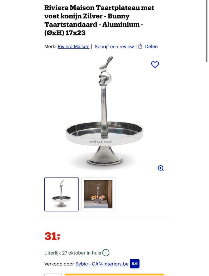 Nieuw, Riviera Maison Bunny Taartplateau Zilver, Huis en Inrichting, Keuken | Keukenbenodigdheden, Nieuw, Ophalen of Verzenden
