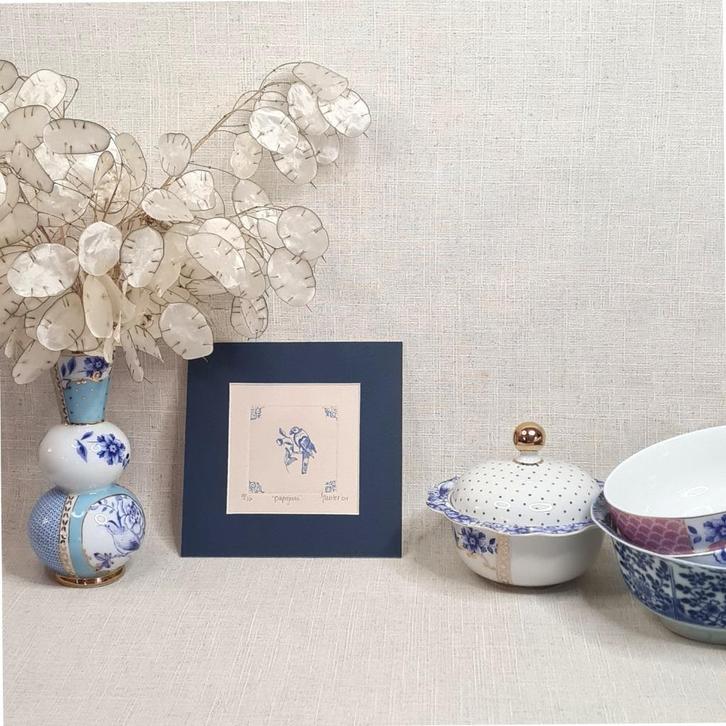 Print papegaai, blauw passe partout 15x15, handgemaakt, Huis en Inrichting, Woonaccessoires | Schilderijen, Tekeningen en Foto's