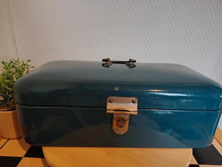 Vintage Emaille Broodtrommel Petrolblauw, Huis en Inrichting, Keuken | Keukenbenodigdheden, Gebruikt, Ophalen of Verzenden