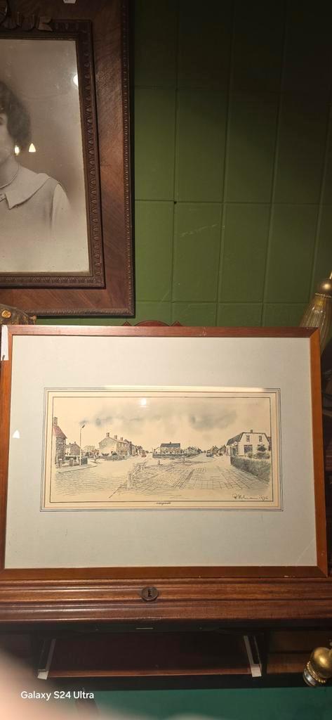 P. Holleman - Handgekleurde pentekening dorpsgezicht 1976, Antiek en Kunst, Kunst | Tekeningen en Foto's, Ophalen