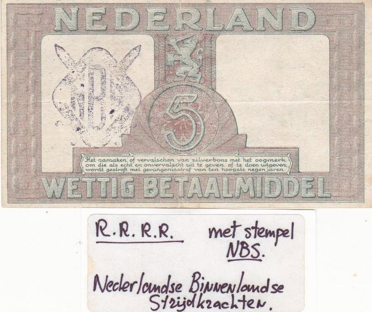 ZILVERBON 5 GULDEN  1944  met N.S.B. NEDERLAND STRIJDKRACHT, Postzegels en Munten, Bankbiljetten | Nederland, 5 gulden, Verzenden
