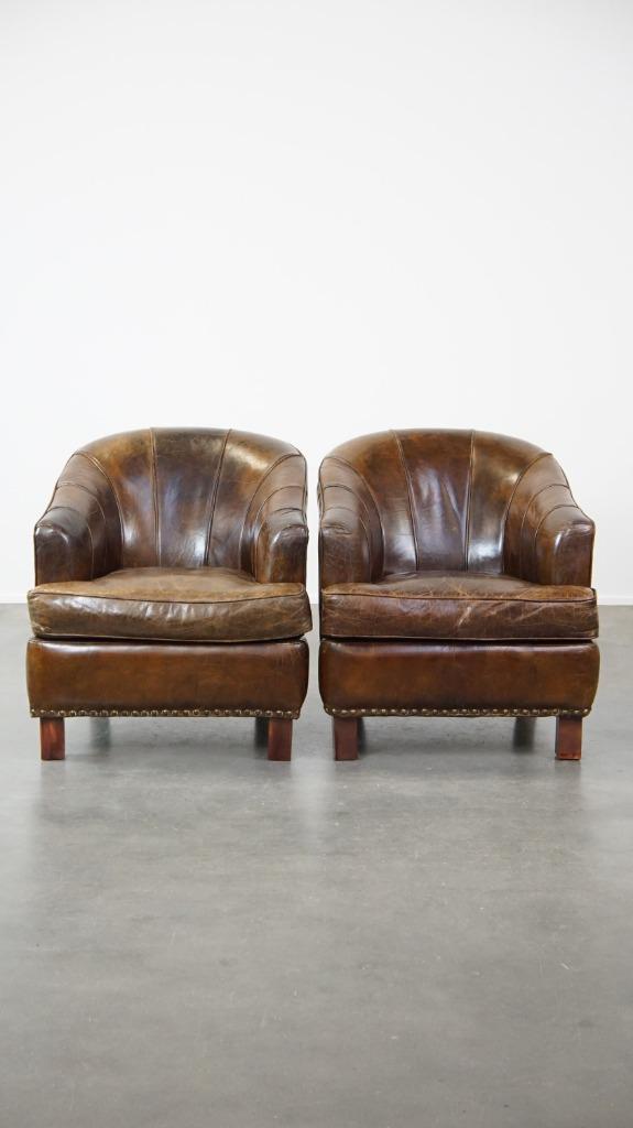 Set van 2 stoere design fauteuils gemaakt van rundleer, Huis en Inrichting, Fauteuils, Gebruikt, Leer, 50 tot 75 cm, 75 tot 100 cm